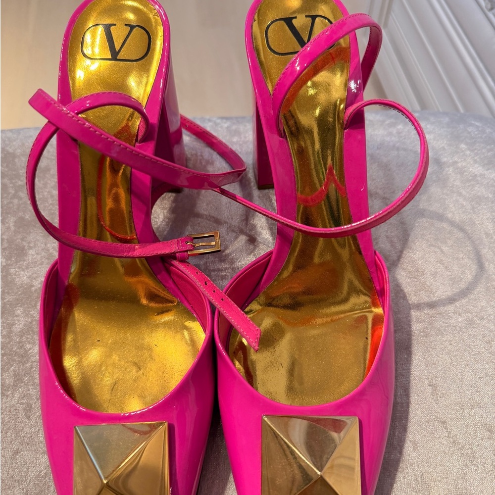 Valentino Fuchsia Strappy Heels with Gold Accents